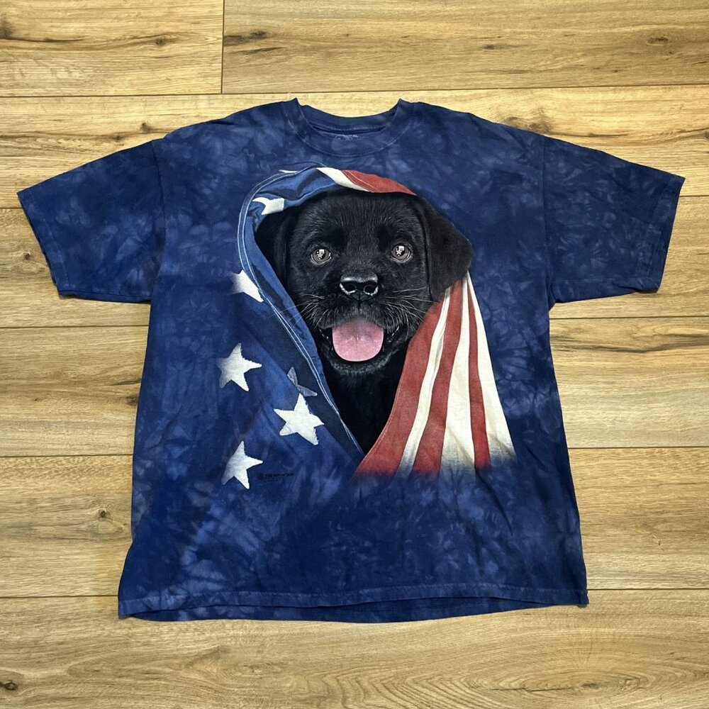 The Mountain Patriotic Puppy Dog T Shirt Adult SZ XL Blue Tie Dye Flag Graphic